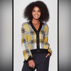 Who What Wear Cardigan Sweater Yellow 100% Acrylic Plaid Long Sleeve Size Small